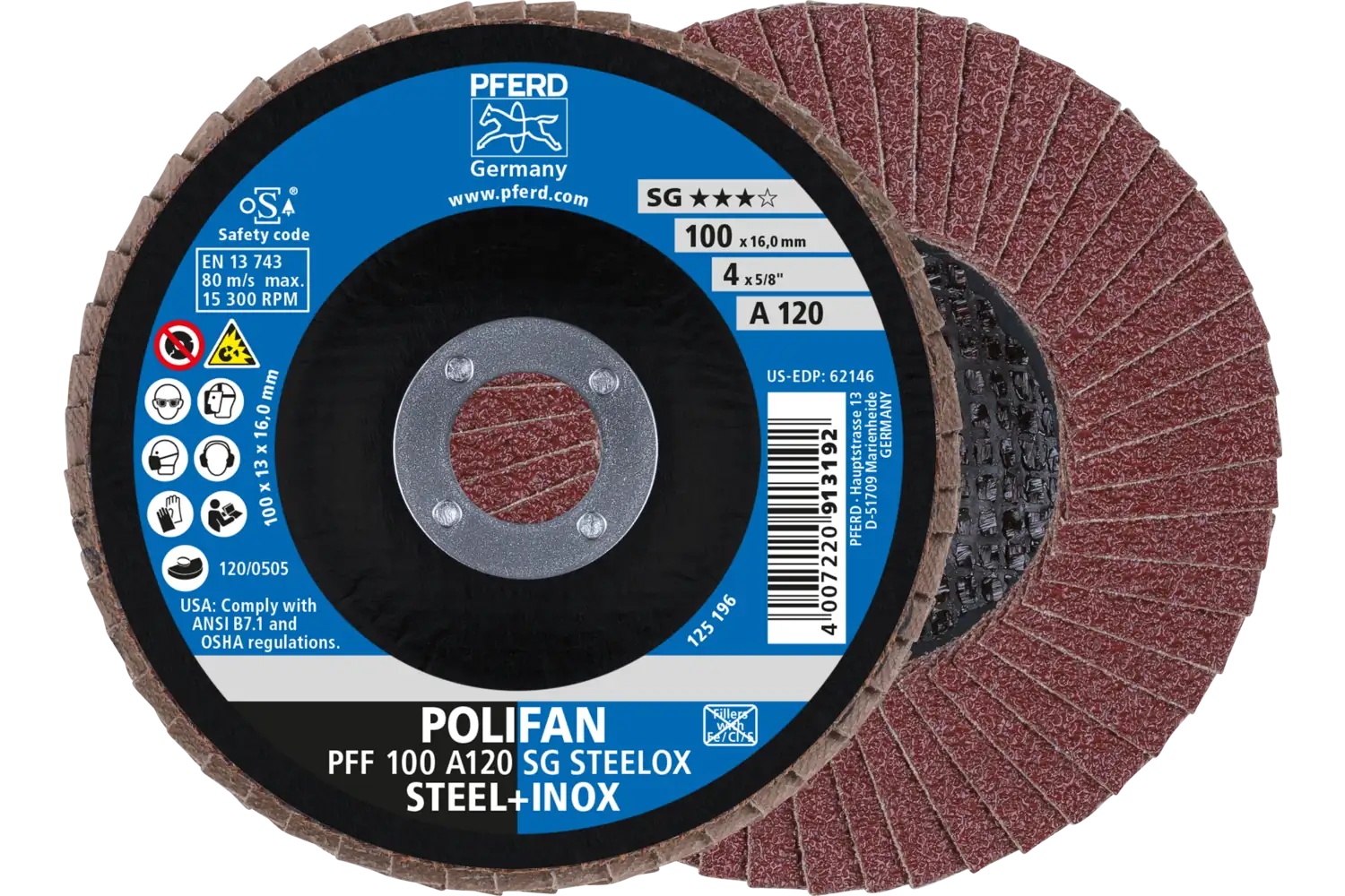 Picture of Pferd Flap Disc, 4" x 5/8, A SG Steelox, 120 Grit, T27, Flat, Aluminum oxide